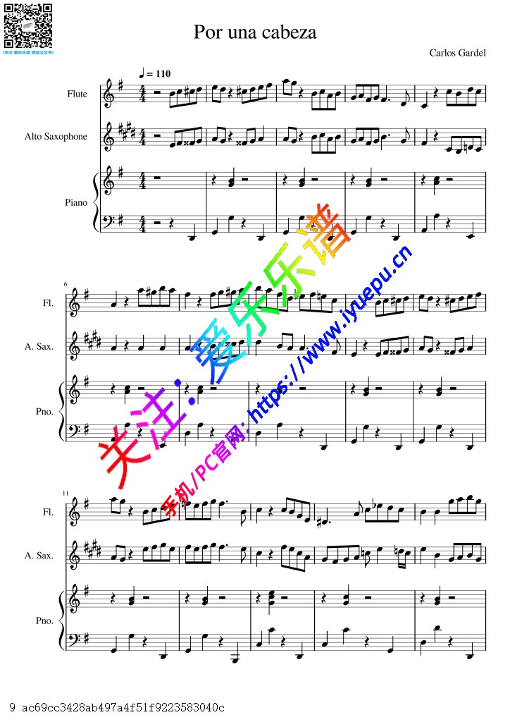 闻香识女人 Por una cabeza 一步之遥 长笛中音萨克斯钢琴三重奏V2-总谱与分谱 乐谱曲谱总谱分谱伴奏音乐在线预览试听下载