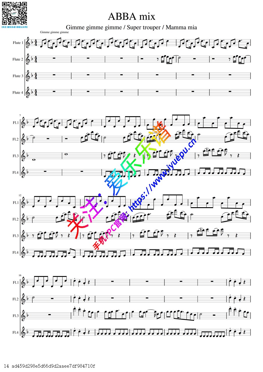 ABBA-gimme gimme gimme -super trouper -mamma mia 3首串烧 4长笛四重奏-总谱与分谱 乐谱曲谱总谱分谱伴奏音乐在线预览试听下载