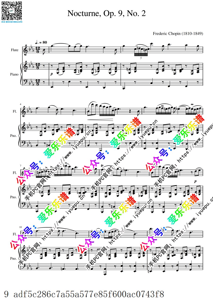 Chopin 肖邦降E大调夜曲 Nocturne Op.9 No.2 长笛谱与钢琴伴奏谱 乐谱曲谱总谱分谱伴奏音乐在线预览试听下载