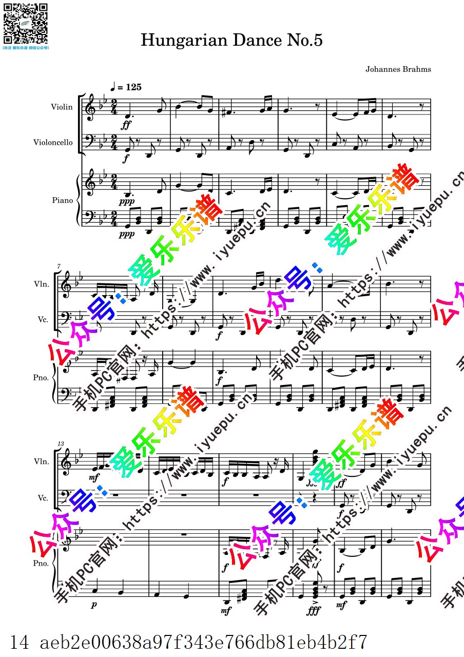 Brahms勃拉姆斯 匈牙利舞曲第五号 Hungarian Dance No.5 小提琴大提琴钢琴三重奏 总分谱 乐谱曲谱总谱分谱伴奏音乐在线预览试听下载