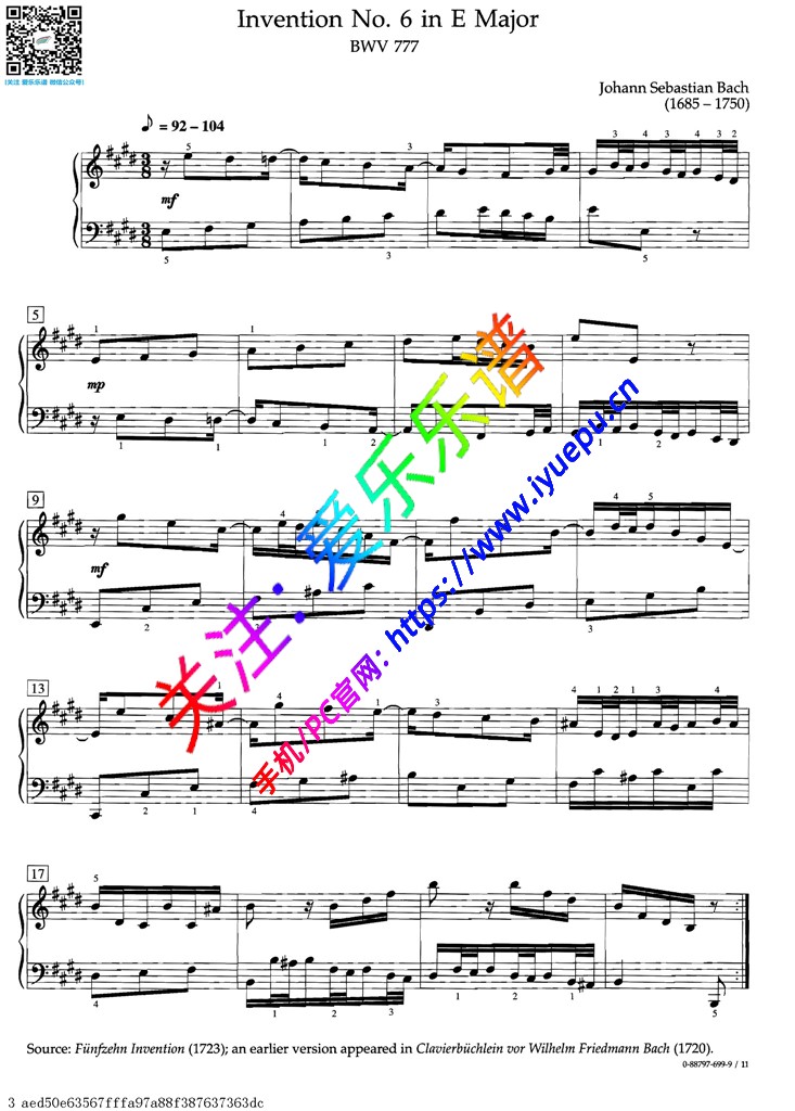 巴赫e大调第6首创意曲invention No 6 In E Major Bwv777 钢琴谱 乐谱预览 爱乐乐谱 巴赫e大调第6首创意曲invention No 6 In E Major Bwv777 钢琴谱 乐谱预览 爱乐乐谱