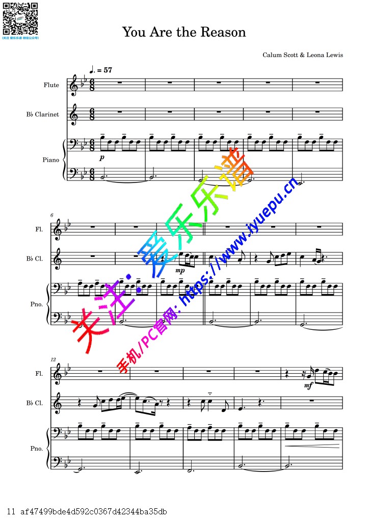 CalumScott 经典英文歌 You Are The Reason 你就是我的唯一 长笛单簧管钢琴三重奏-总谱与分谱 乐谱曲谱总谱分谱伴奏音乐在线预览试听下载