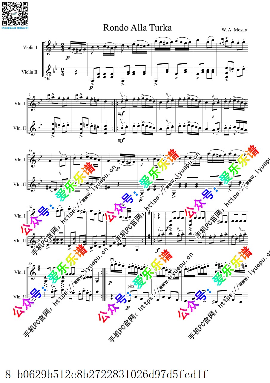 Mozart莫扎特 Turkish March 土耳其进行曲 双小提琴二重奏 总谱与分谱 官版 乐谱曲谱总谱分谱伴奏音乐在线预览试听下载