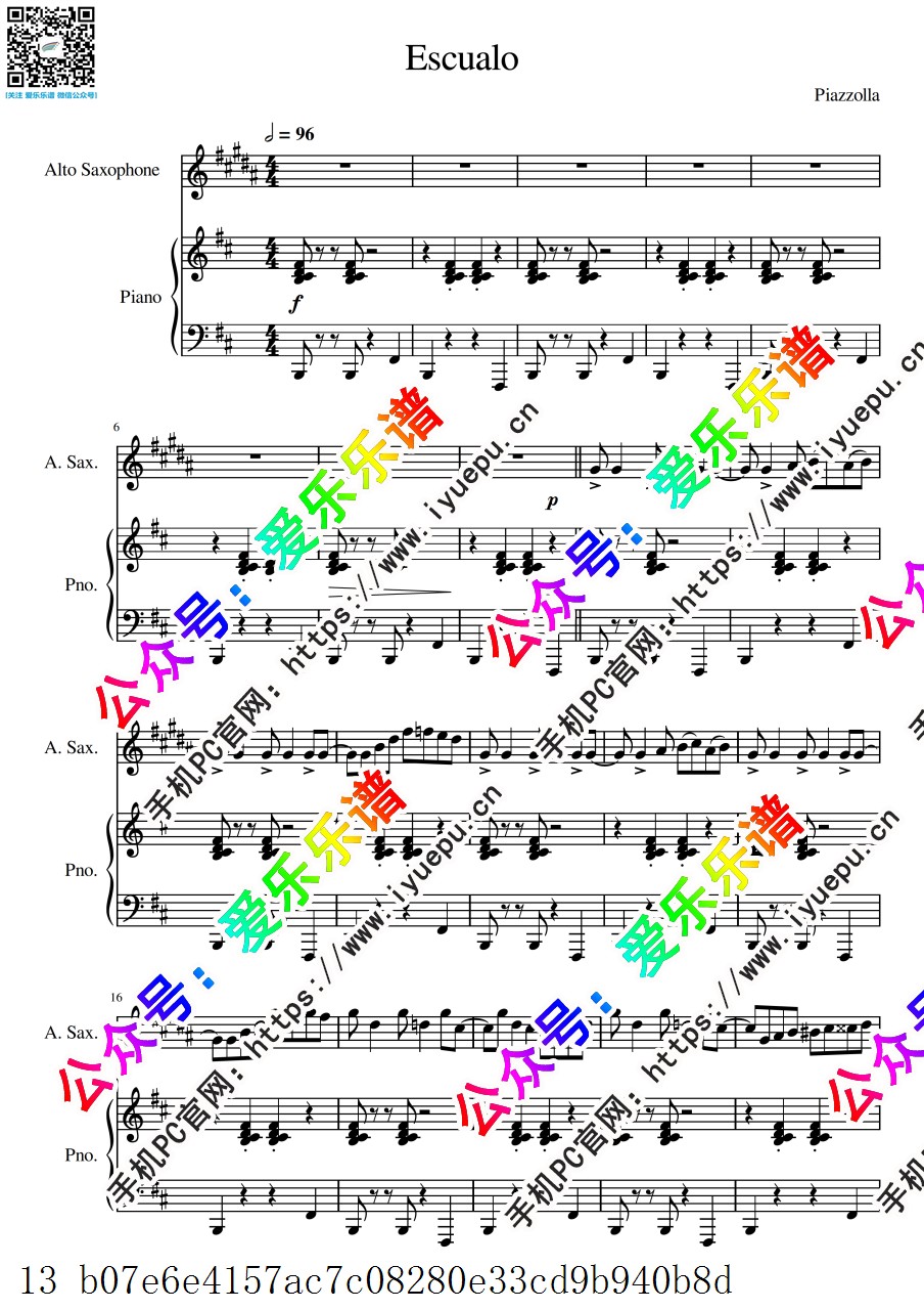 Astor Piazzolla 皮亚佐拉 Escualo 角鲨 中音萨克斯谱与钢琴伴奏谱 D 乐谱曲谱总谱分谱伴奏音乐在线预览试听下载