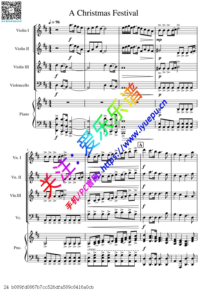 圣诞节歌曲 Christmas Festival 3小提琴1大提琴 弦乐四重奏与钢琴 五重奏-总谱分谱 乐谱曲谱总谱分谱伴奏音乐在线预览试听下载