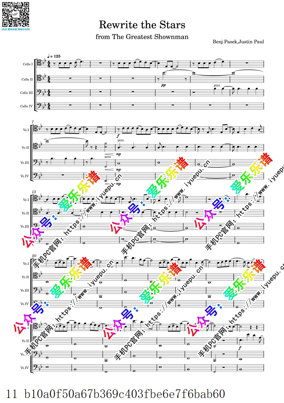 马戏之王 插曲 Rewrite The Stars (from The Greatest Showman) 4大提琴四重奏 总谱与分谱 乐谱曲谱总谱分谱伴奏音乐在线预览试听下载