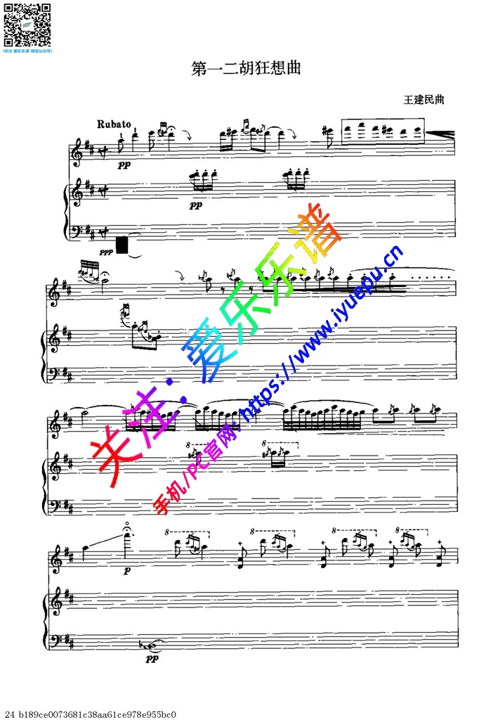 第一二胡狂想曲 王建民 二胡钢琴伴奏总谱 乐谱曲谱总谱分谱伴奏音乐在线预览试听下载