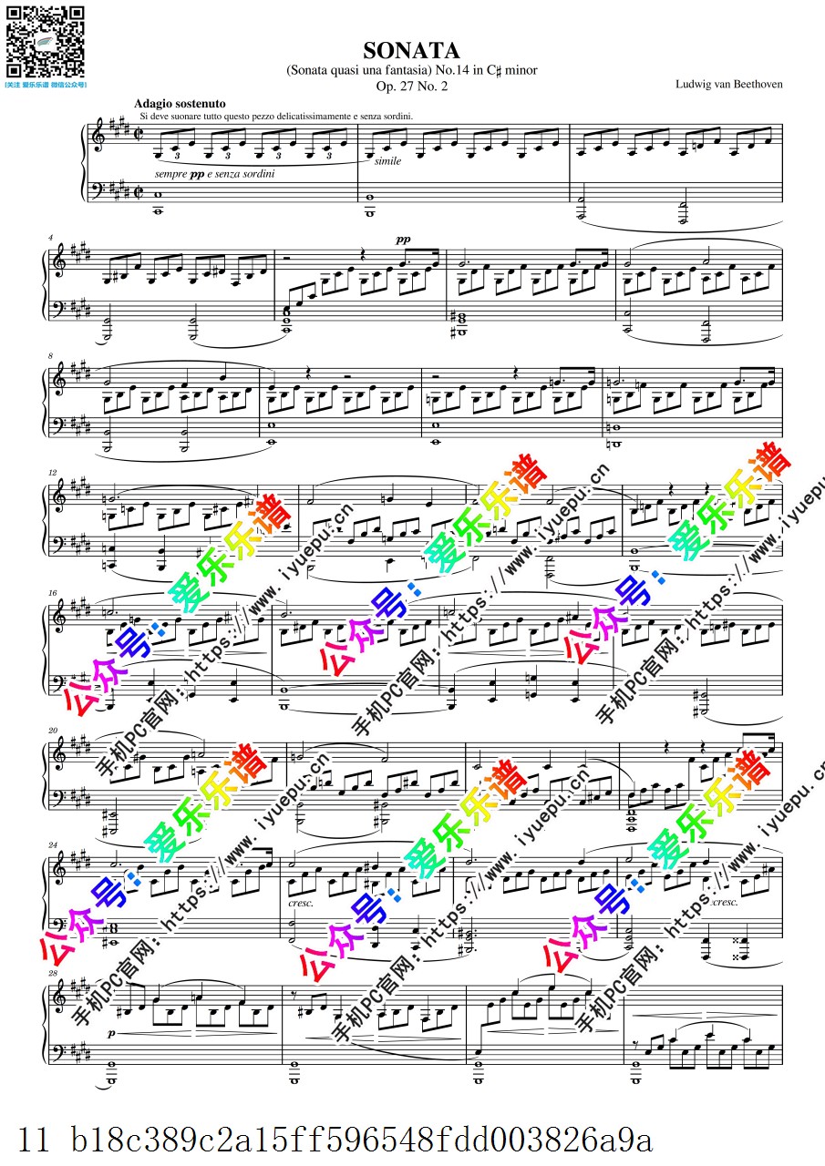 Beethoven 月光奏鸣曲 贝多芬 Op.27 No.2 全三乐章 钢琴谱 高清 乐谱曲谱总谱分谱伴奏音乐在线预览试听下载