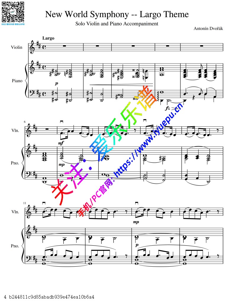Dvorak 德沃夏克 第九号交响曲 “自新大陆” 第二乐章 广板 念故乡 小提琴谱与钢琴伴奏谱 乐谱曲谱总谱分谱伴奏音乐在线预览试听下载