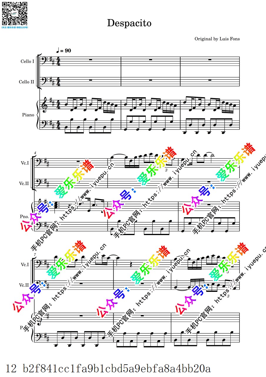 神曲 Despacito 双大提琴钢琴三重奏-总谱和分谱 乐谱曲谱总谱分谱伴奏音乐在线预览试听下载