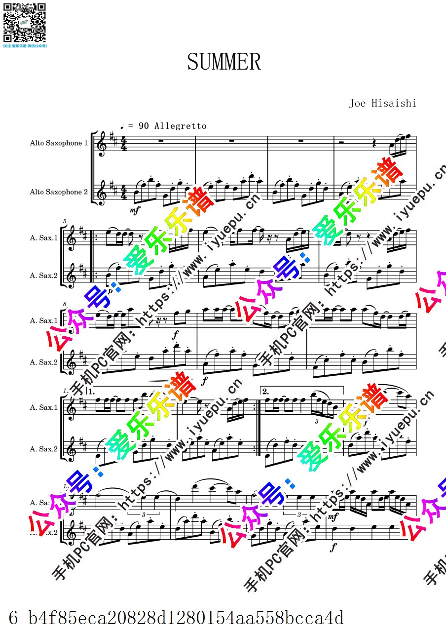 Joe Hisaishi 久石让 宫崎骏 菊次郎的夏天 Summer 2中音萨克斯二重奏-总谱与分谱 乐谱曲谱总谱分谱伴奏音乐在线预览试听下载