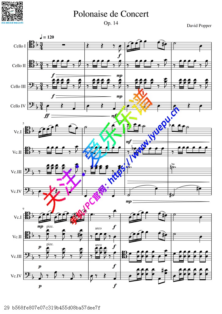 Popper波佩尔 音乐会波兰舞曲 Op14 Polonaise de Concert 4大提琴四重奏总谱与分谱 乐谱曲谱总谱分谱伴奏音乐在线预览试听下载