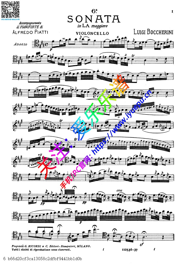 Boccherini 博凯里尼A大调第六大提琴奏鸣曲 No6 大提琴谱 乐谱曲谱总谱分谱伴奏音乐在线预览试听下载