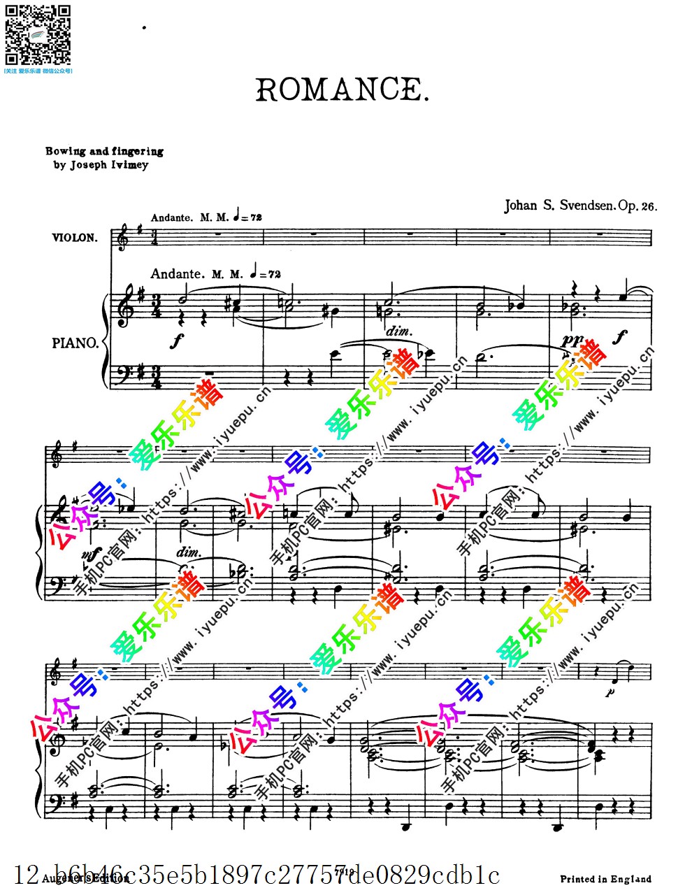 Svendsen, Johan约翰-斯文森 Romance, Op.26 浪漫曲 小提琴谱与钢琴伴奏谱 总分谱 原版 乐谱曲谱总谱分谱伴奏音乐在线预览试听下载