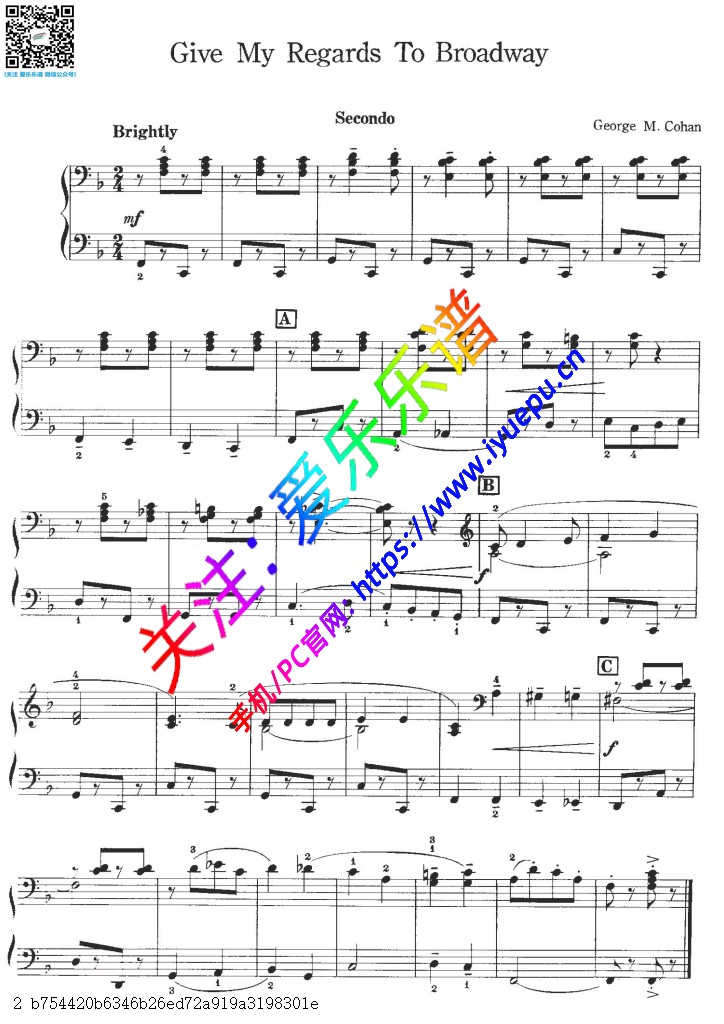 向百老汇致敬 Give My Regards to Broadway钢琴四手联弹谱 钢琴二重奏谱 乐谱曲谱总谱分谱伴奏音乐在线预览试听下载