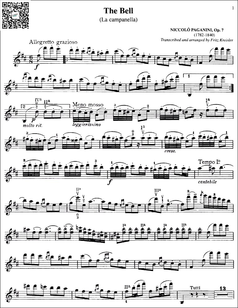 帕格尼尼 钟 小提琴谱 乐谱曲谱总谱分谱伴奏音乐在线预览试听下载