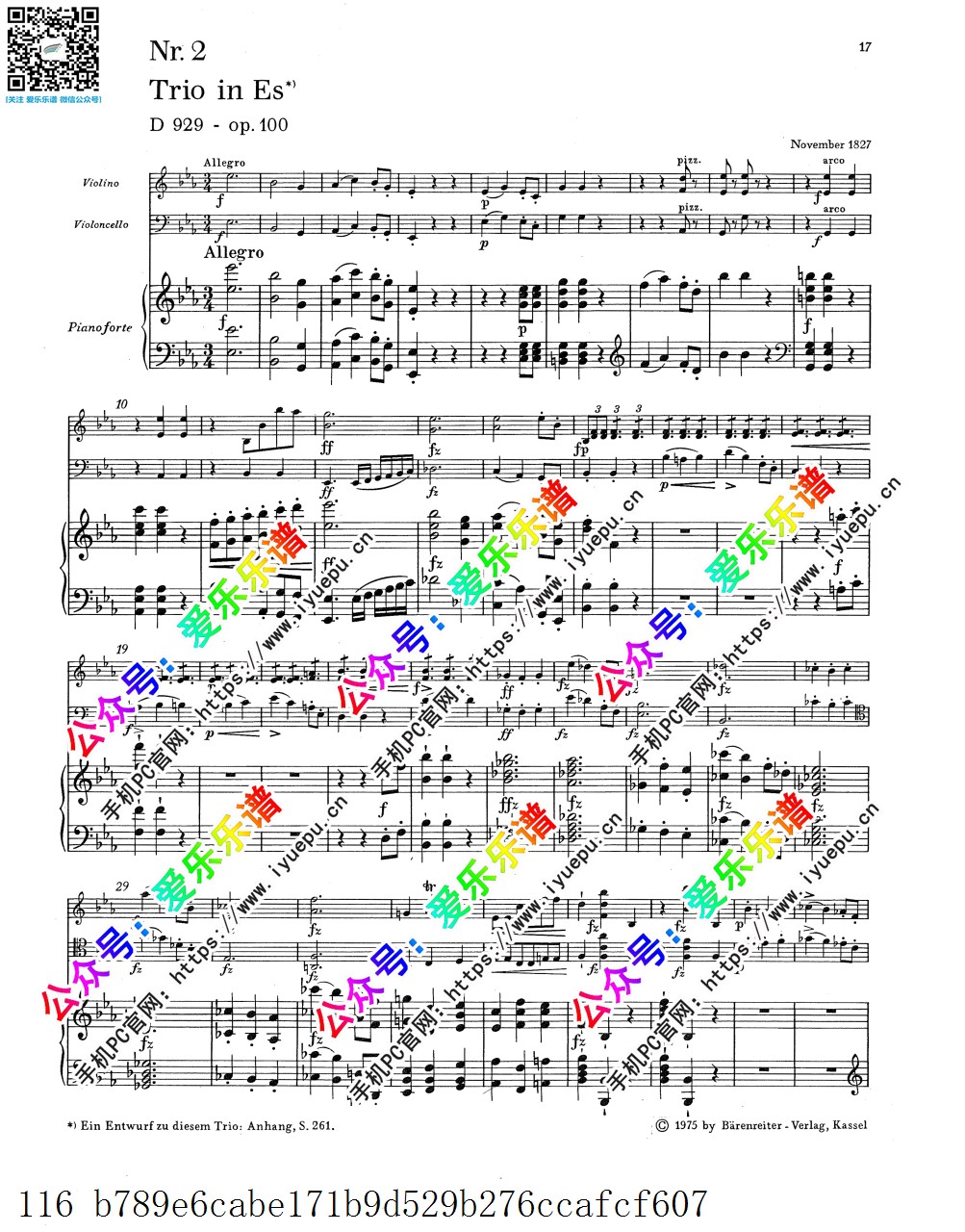 舒伯特第二钢琴三重奏Piano Trio in E-flat major, D.929 OP.100 Schubert 小大提琴钢琴总谱与弦乐分谱 骑熊士 乐谱曲谱总谱分谱伴奏音乐在线预览试听下载