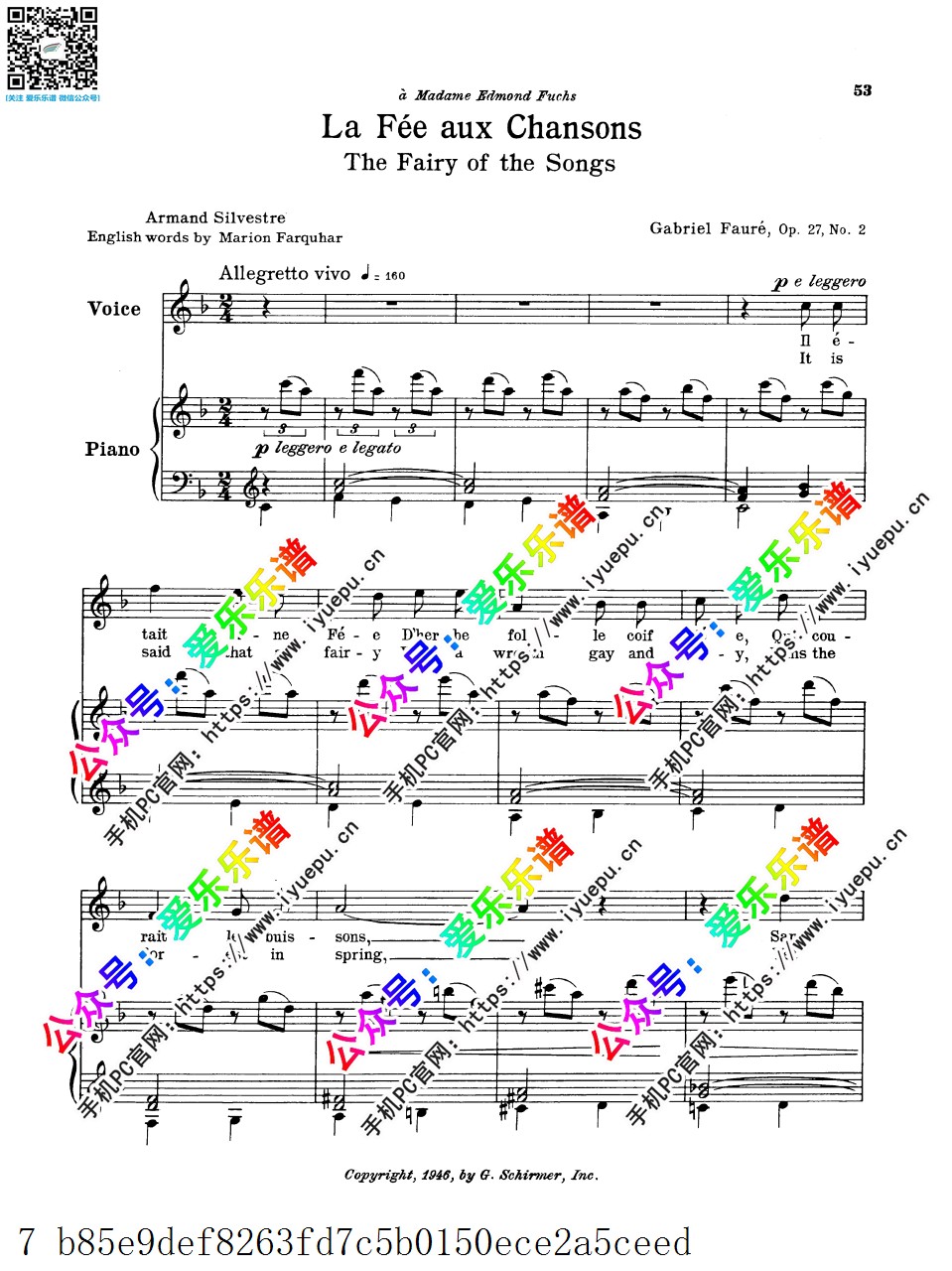 Faure福雷 La Fee aux Chansons Op.27 No.2 F调 声乐钢琴伴奏谱 原版 乐谱曲谱总谱分谱伴奏音乐在线预览试听下载