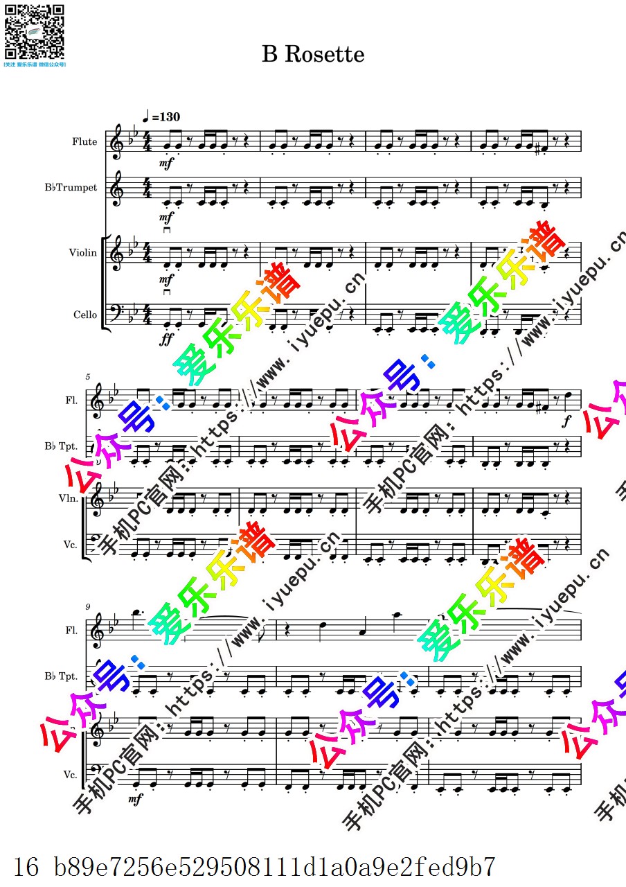 韩剧 白色巨塔 插曲 B Rossette 长笛小号小大提琴 四重奏-总谱与分谱 乐谱曲谱总谱分谱伴奏音乐在线预览试听下载