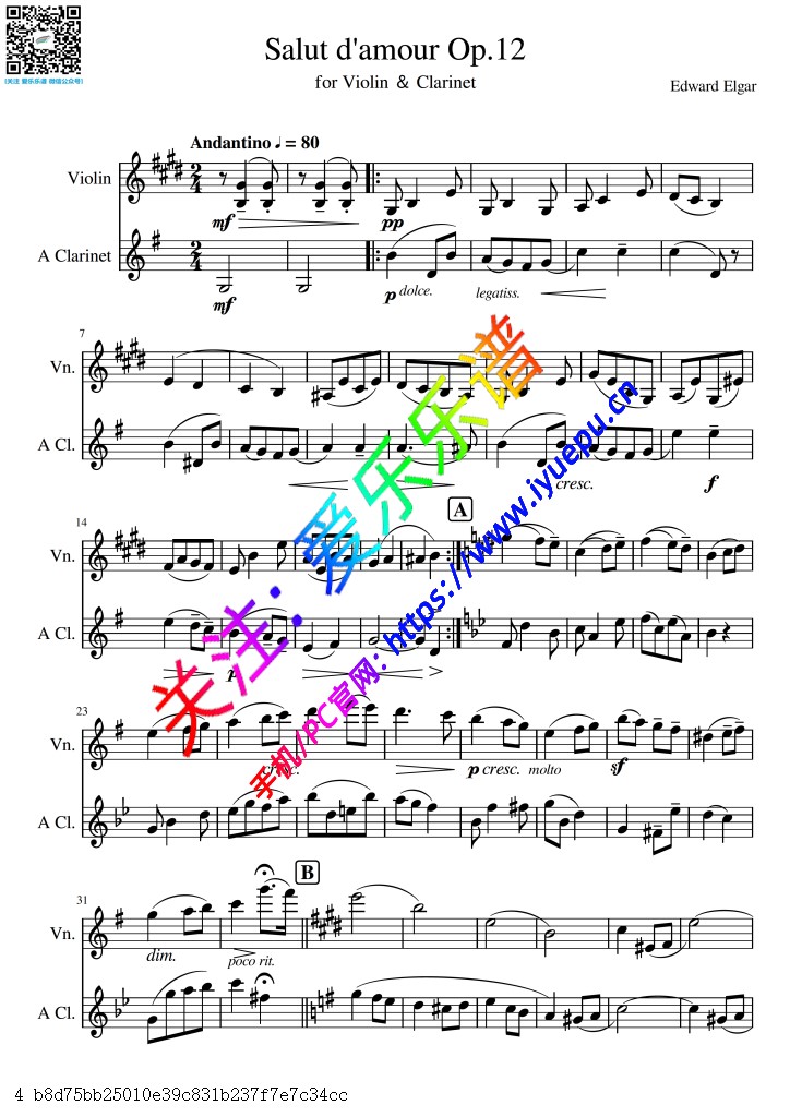 Elgar 埃尔加 爱的礼赞 爱的致意 Op12 小提琴单簧管二重奏总谱分谱 乐谱曲谱总谱分谱伴奏音乐在线预览试听下载