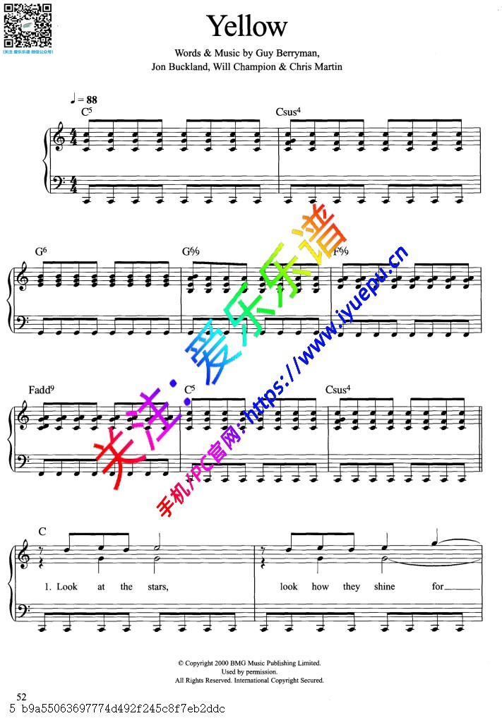 Coldplay-Guy Berryman -Yellow 歌曲 钢琴弹唱谱 乐谱曲谱总谱分谱伴奏音乐在线预览试听下载