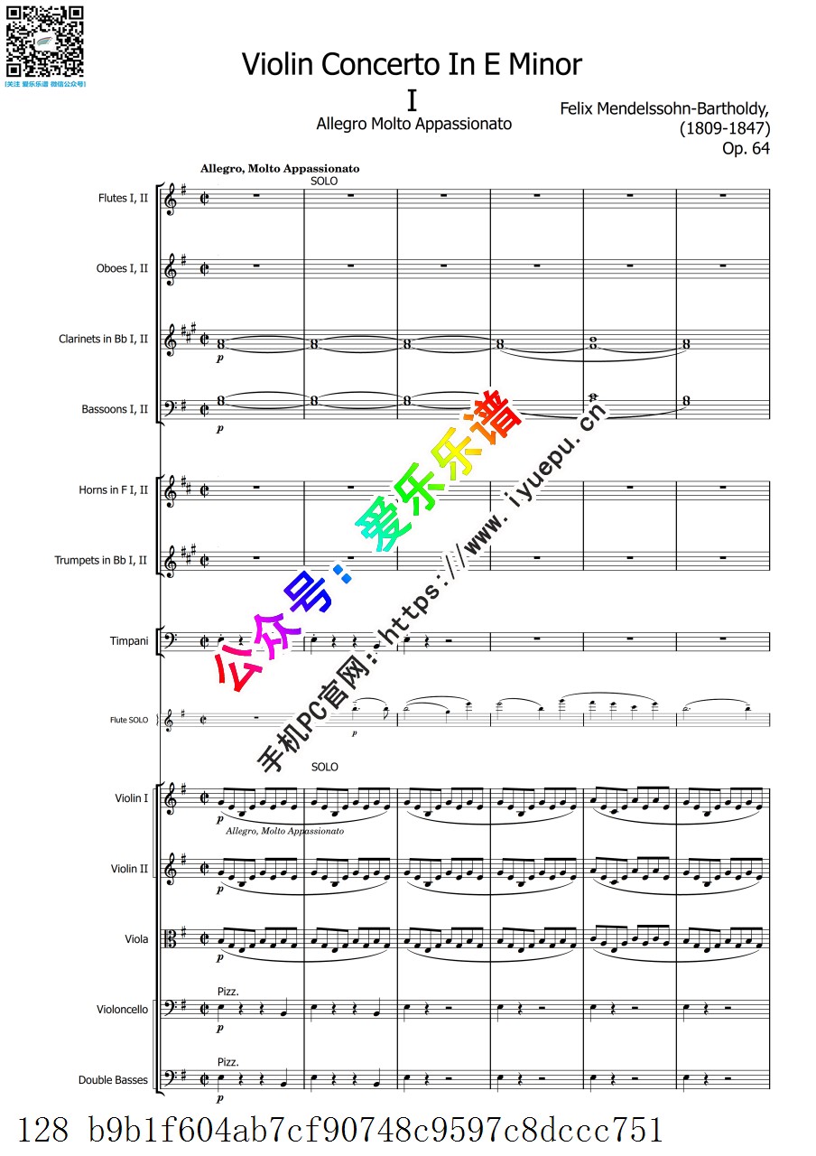 Mendelssohn 门德尔松e小调协奏曲 Op.64 第一乐章 长笛SOLO与交响管弦乐队-总谱分谱 乐谱曲谱总谱分谱伴奏音乐在线预览试听下载