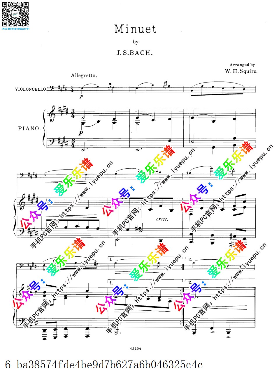 W.H.Squire-Bach 斯夸埃尔 改编 巴赫 小步舞曲 Minuet 大提琴钢琴伴奏谱 乐谱曲谱总谱分谱伴奏音乐在线预览试听下载