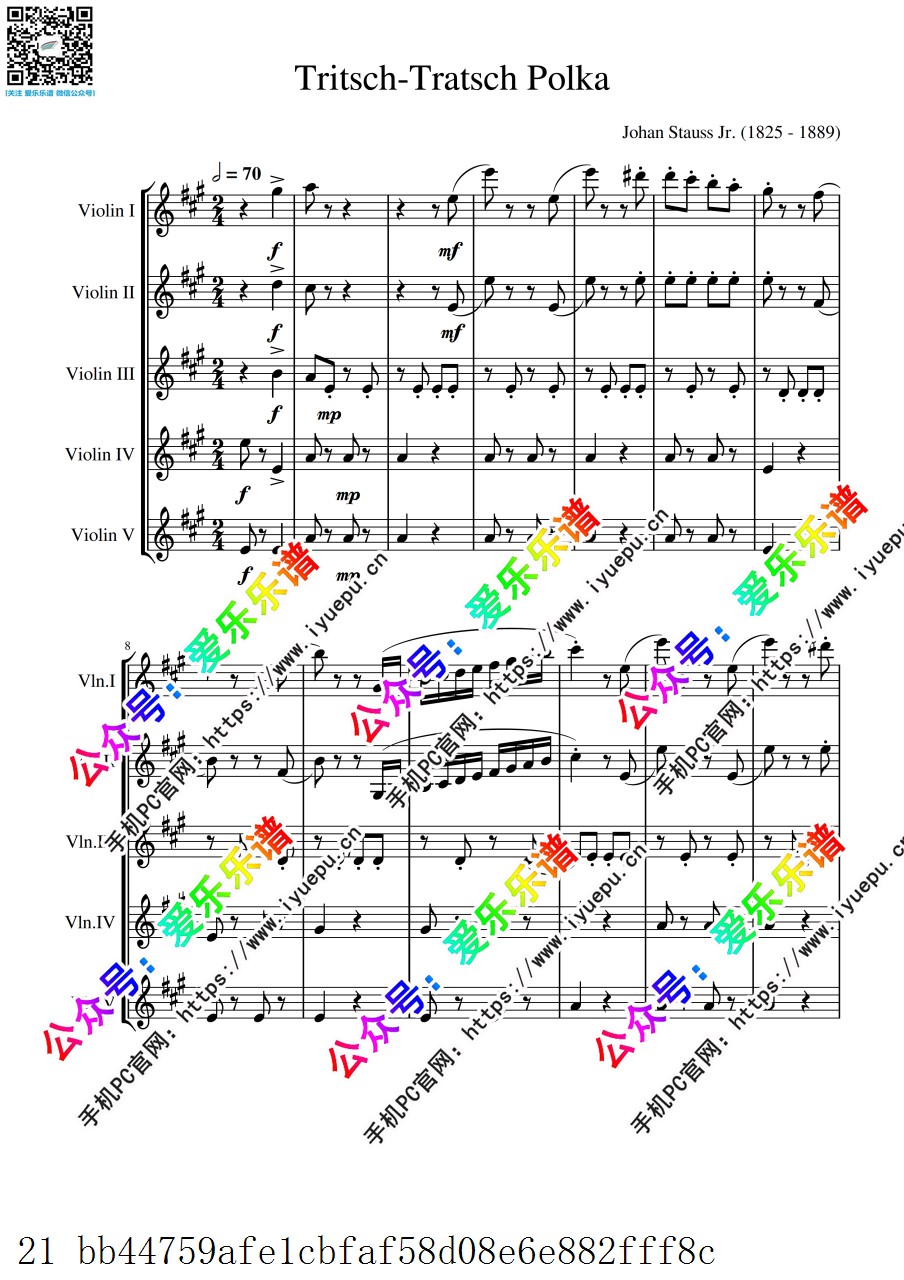 施特劳斯 闲聊波尔卡 Tritsch Tratsch Polka  5小提琴五重奏-总谱与分谱 乐谱曲谱总谱分谱伴奏音乐在线预览试听下载