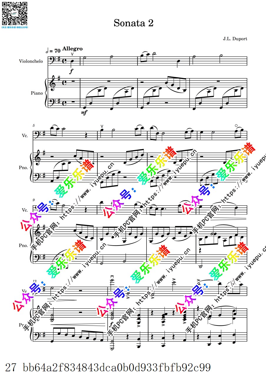 Jean Louis Duport 杜波特G大调第二大提琴奏鸣曲 大提琴谱与钢琴伴奏谱 总谱分谱 乐谱曲谱总谱分谱伴奏音乐在线预览试听下载
