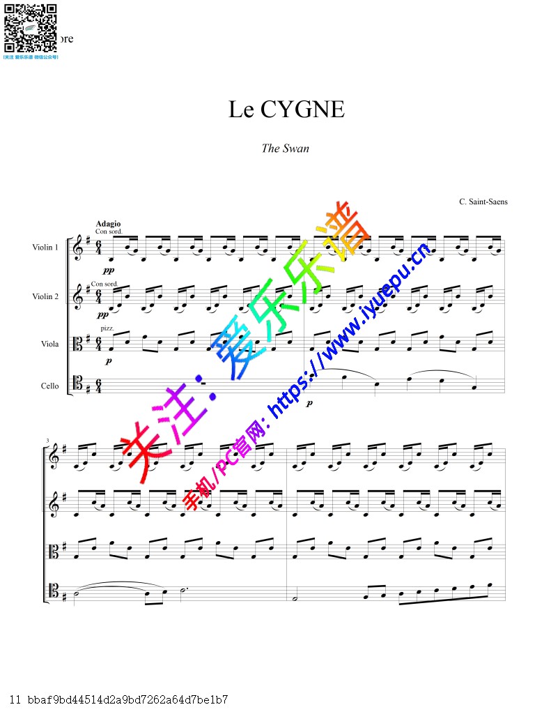 圣桑 动物狂欢节-天鹅 小小中大提琴室内乐弦乐四重奏总分谱 乐谱曲谱总谱分谱伴奏音乐在线预览试听下载