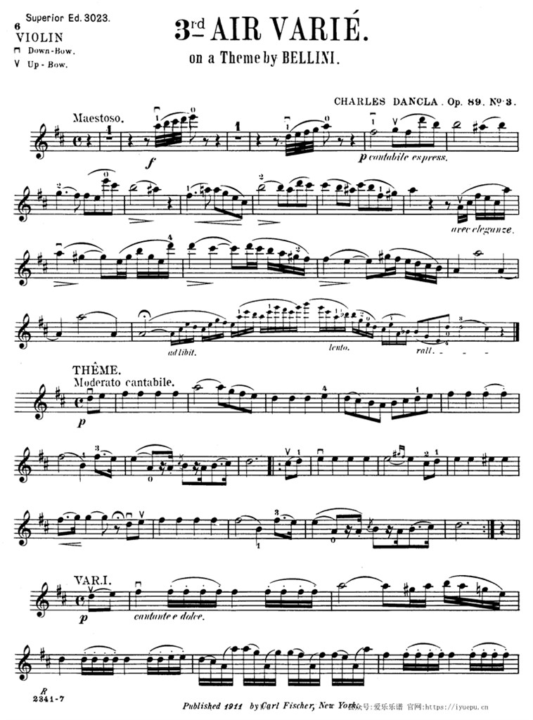Dancla丹克拉第三变奏曲 贝利尼主题与变奏曲 Op.89 No.3 小提琴谱 乐谱曲谱总谱分谱伴奏音乐在线预览试听下载