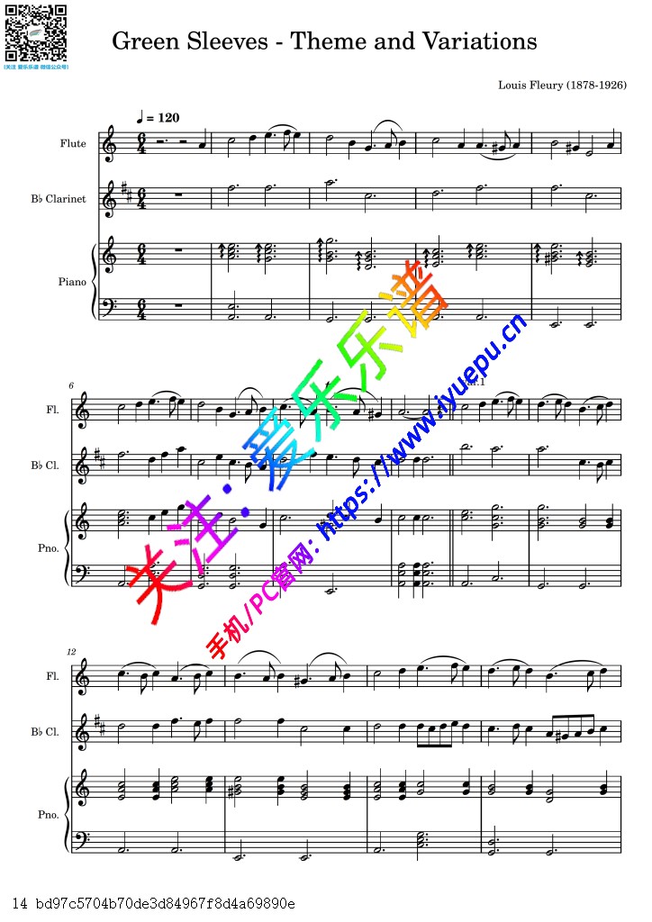 Green sleeves 绿袖子 主题与变奏 Theme and Variations 长笛单簧管钢琴三重奏-总谱与分谱 乐谱曲谱总谱分谱伴奏音乐在线预览试听下载