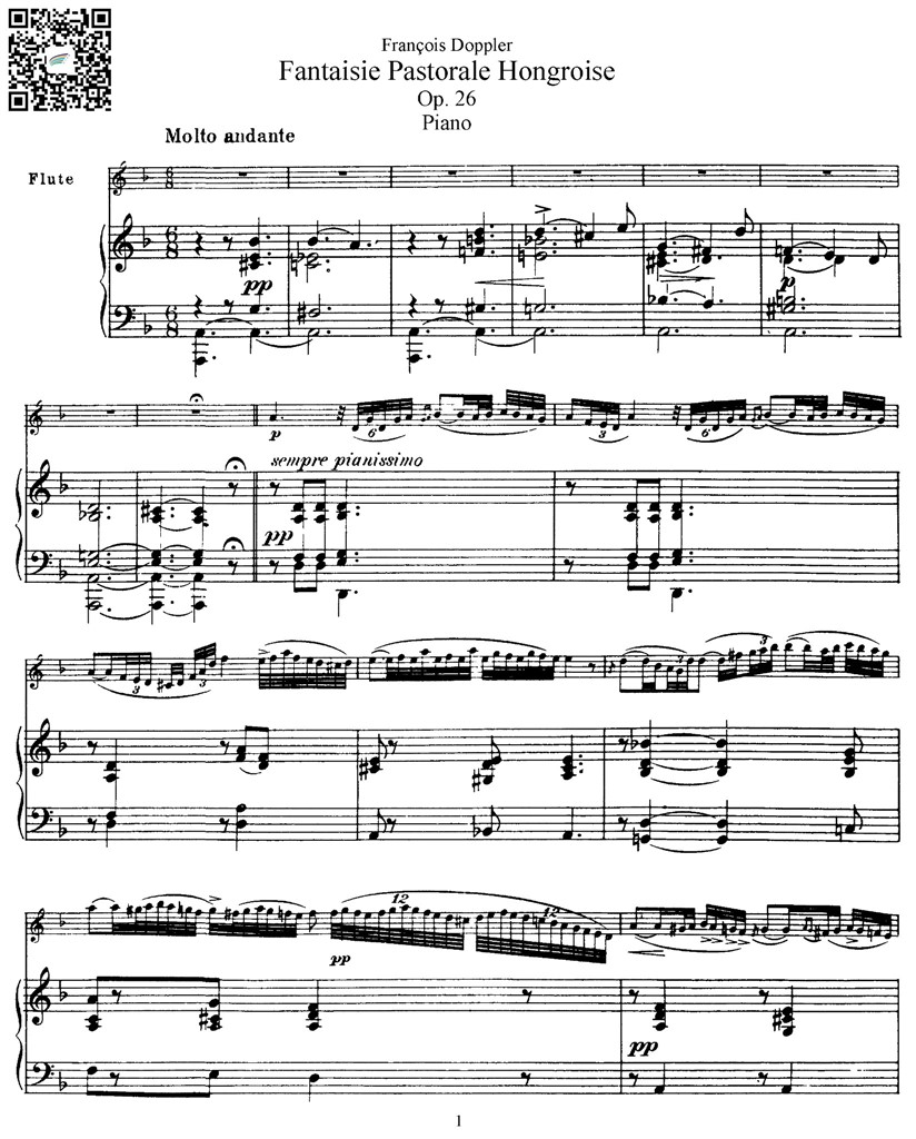 多普勒 匈牙利田园幻想曲Op26 Fantaisie Pastorale Hongroise长笛钢琴伴奏谱 乐谱曲谱总谱分谱伴奏音乐在线预览试听下载