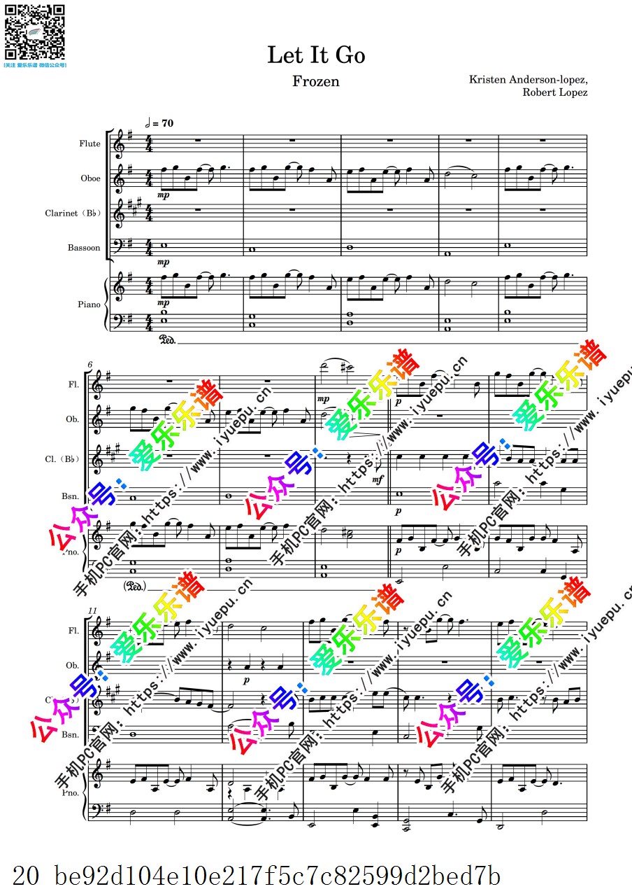 迪士尼 冰雪奇缘主题曲 let it go 长笛单双簧管巴松 木管四重奏与钢琴 五重奏-总谱分谱 乐谱曲谱总谱分谱伴奏音乐在线预览试听下载