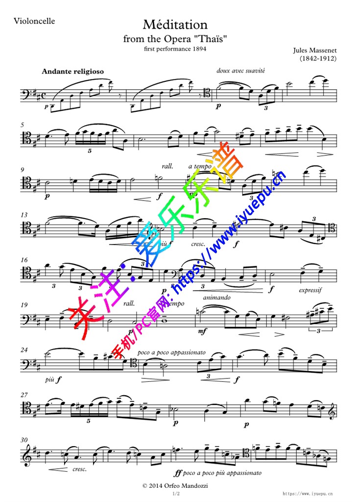 泰伊思冥想曲 沉思 马斯涅 大提琴谱 in D 乐谱曲谱总谱分谱伴奏音乐在线预览试听下载
