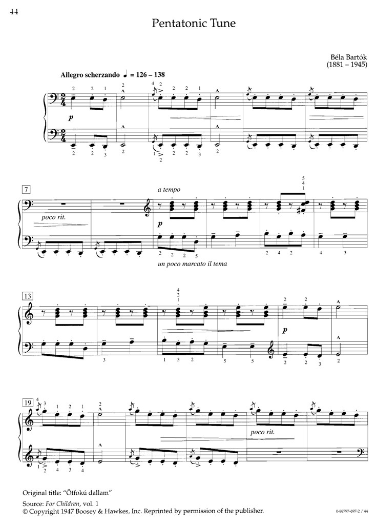 巴托克  Bartok 五声调Pentatonic Tune 钢琴谱 乐谱曲谱总谱分谱伴奏音乐在线预览试听下载