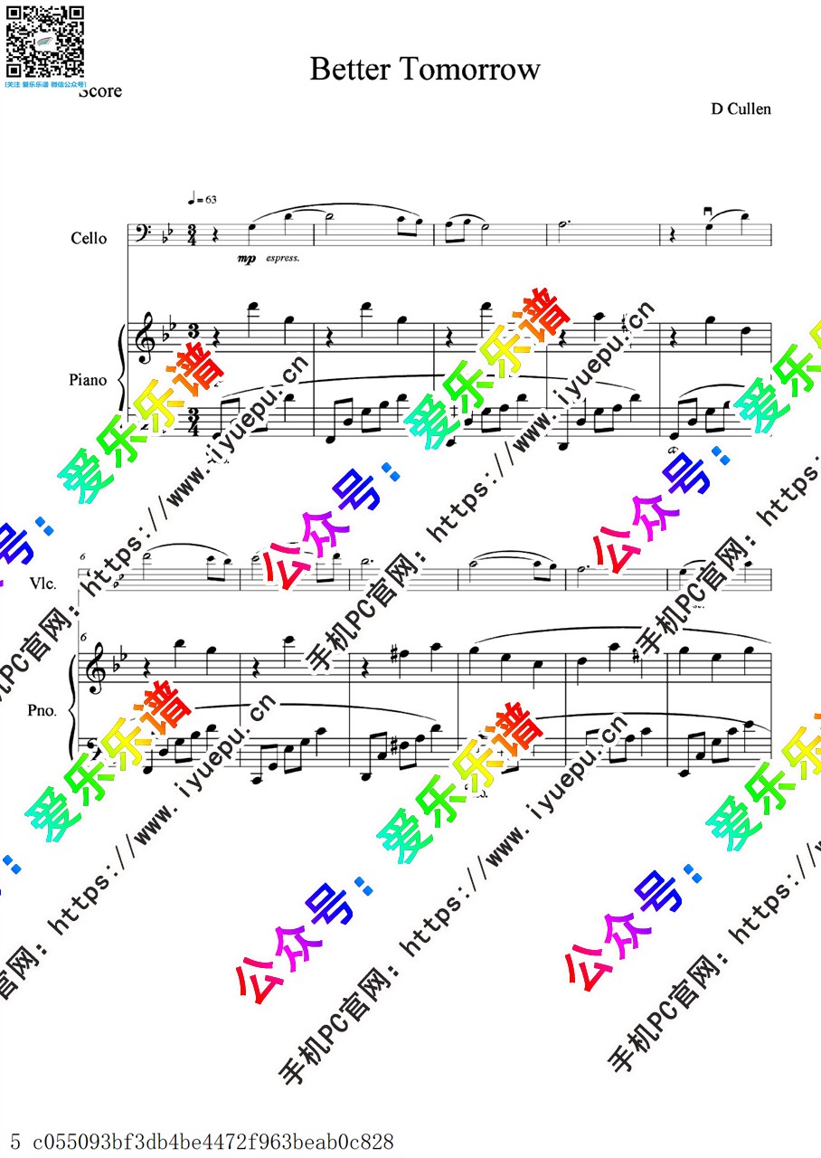 Better Tomorrow for Cello and Piano 大提琴谱与钢琴伴奏谱 总分谱 乐谱曲谱总谱分谱伴奏音乐在线预览试听下载