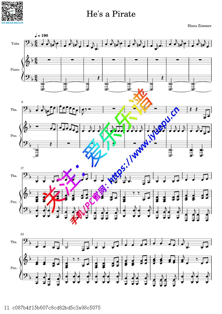加勒比海盗主题曲  他是海盗 He is a Pirate 大号谱与钢琴伴奏谱V1 乐谱曲谱总谱分谱伴奏音乐在线预览试听下载