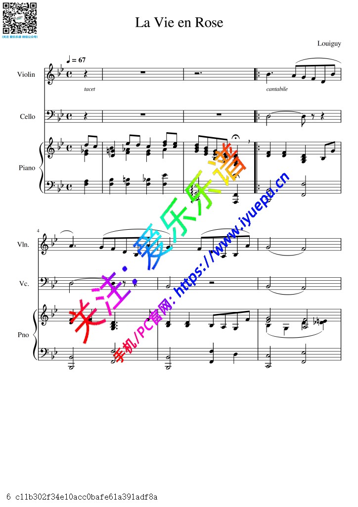 玫瑰人生主题曲 La Vie en Rose 小提琴大提琴钢琴三重奏 总谱与分谱 bB 乐谱曲谱总谱分谱伴奏音乐在线预览试听下载