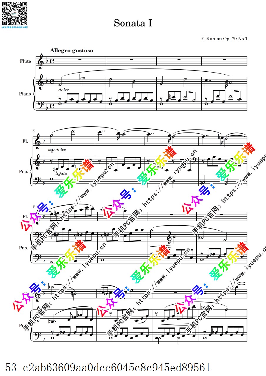 Kuhlau 库劳F大调奏鸣曲 Sonata in F major Op.79 No.1 长笛谱与钢琴伴奏谱 乐谱曲谱总谱分谱伴奏音乐在线预览试听下载