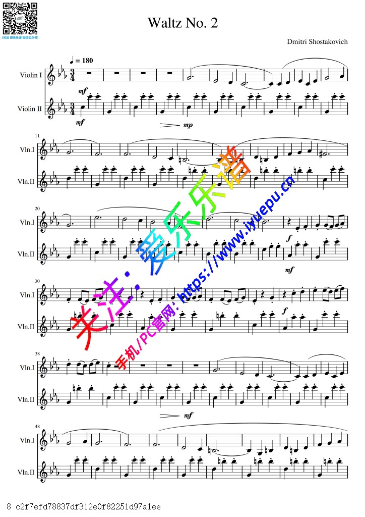 Shostakovich 肖斯塔科维奇 Waltz No2第二圆舞曲 双小提琴二重奏总谱与分谱 乐谱曲谱总谱分谱伴奏音乐在线预览试听下载