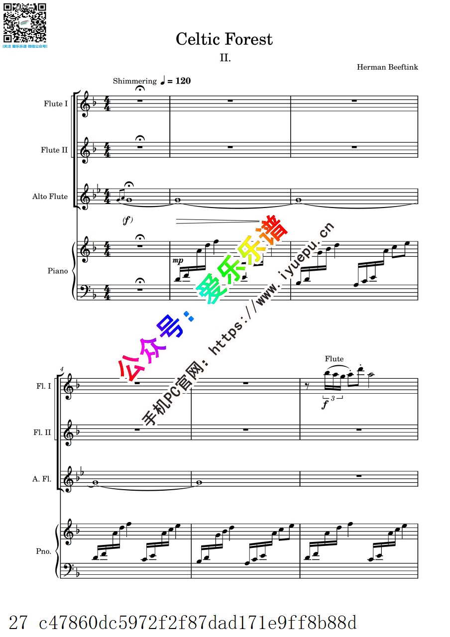 Herman Beeftink - Celtic Forest 凯尔特森林 第二乐章II 3长笛与钢琴 四重奏 总分谱 乐谱曲谱总谱分谱伴奏音乐在线预览试听下载