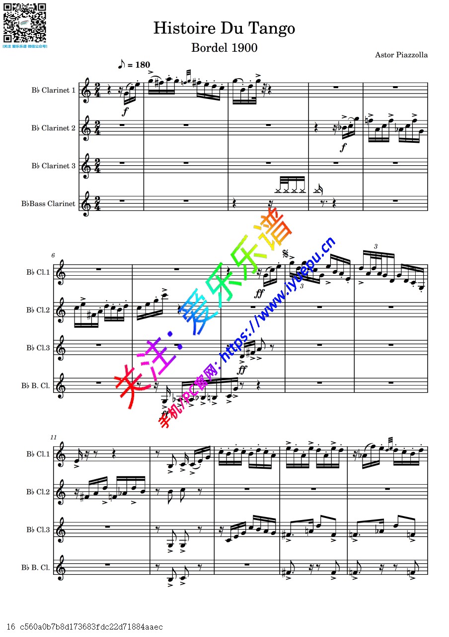 Piazzola 皮亚佐拉 histoire du tango-Bordel 1900 4单簧管四重奏 bB-总谱与分谱 乐谱曲谱总谱分谱伴奏音乐在线预览试听下载