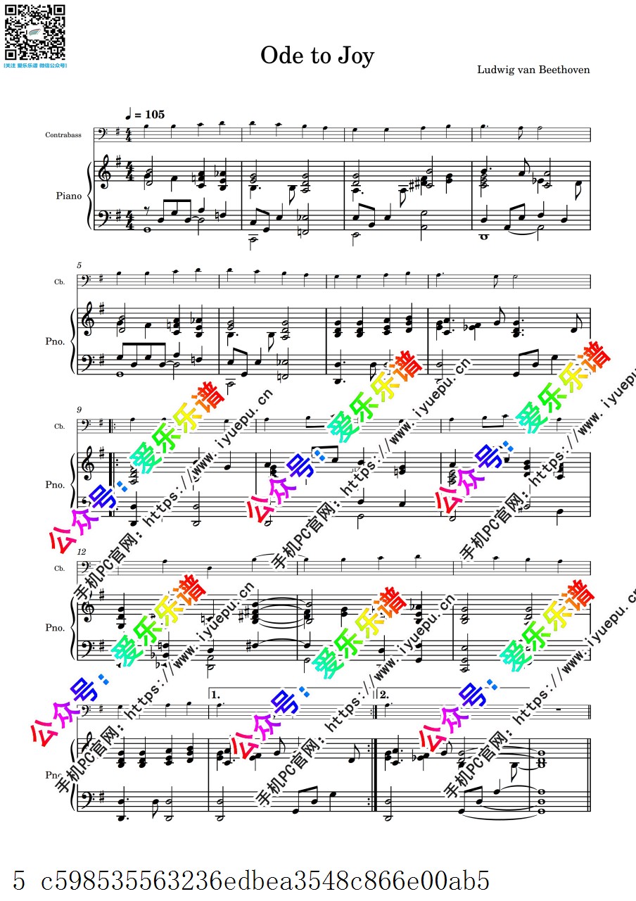 贝多芬 欢乐颂 Ode to Joy 低音提琴谱与钢琴伴奏谱 乐谱曲谱总谱分谱伴奏音乐在线预览试听下载