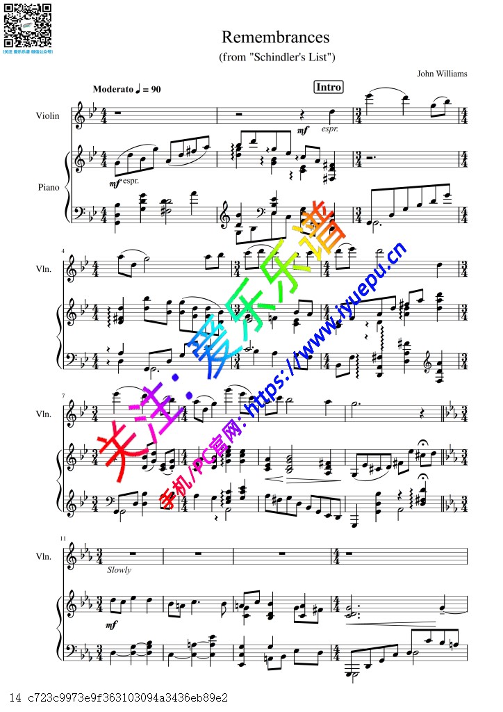 John Williams 辛德勒名单插曲 回忆 Remembrances from Schindlers List 小提琴谱与钢琴伴奏谱 乐谱曲谱总谱分谱伴奏音乐在线预览试听下载