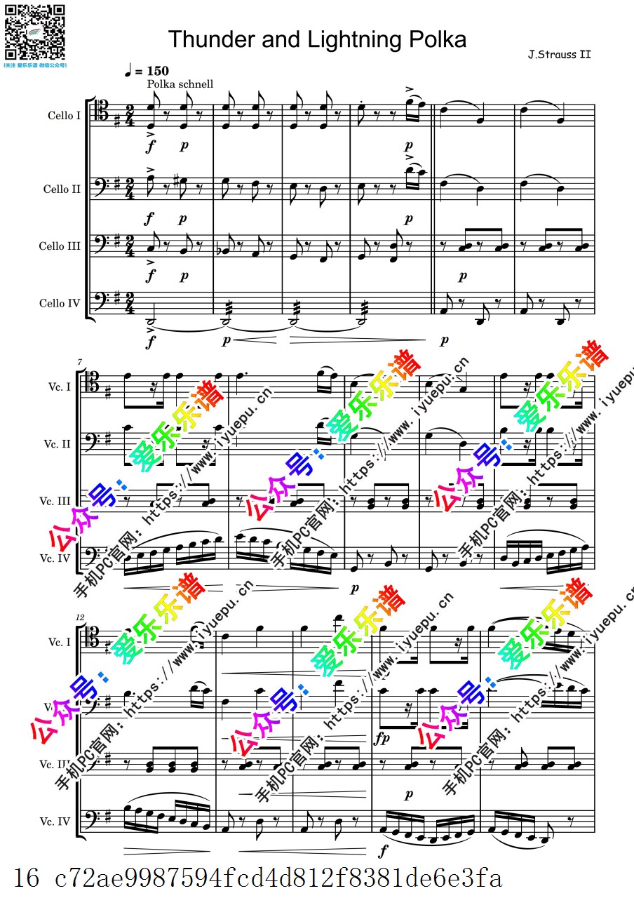 J.Strauss约翰施特劳斯 Thunder and Lightning Fast Polka Op.324 雷鸣电闪波尔卡 4大提琴 四重奏 总分谱 乐谱曲谱总谱分谱伴奏音乐在线预览试听下载