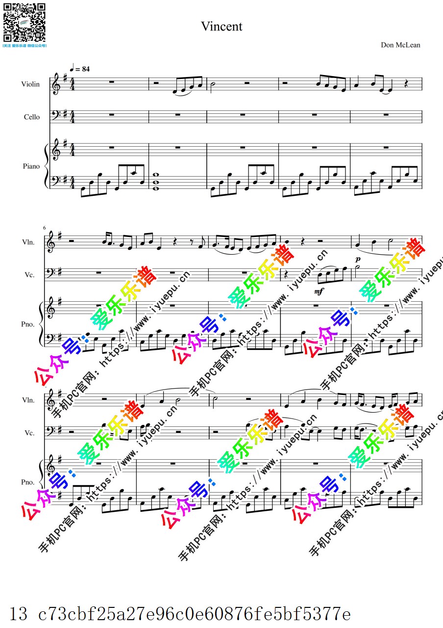 Vincent-Don Mclean 小提琴大提琴钢琴三重奏 总谱与分谱 乐谱曲谱总谱分谱伴奏音乐在线预览试听下载