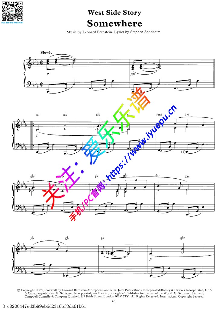 West side story-somewhere 西区故事 主题曲 钢琴谱 乐谱曲谱总谱分谱伴奏音乐在线预览试听下载