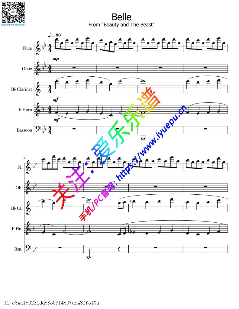美女与野兽主题曲 Belle from Beauty and The Beast 长笛单双簧管圆号巴松 木管五重奏-总谱与分谱 乐谱曲谱总谱分谱伴奏音乐在线预览试听下载