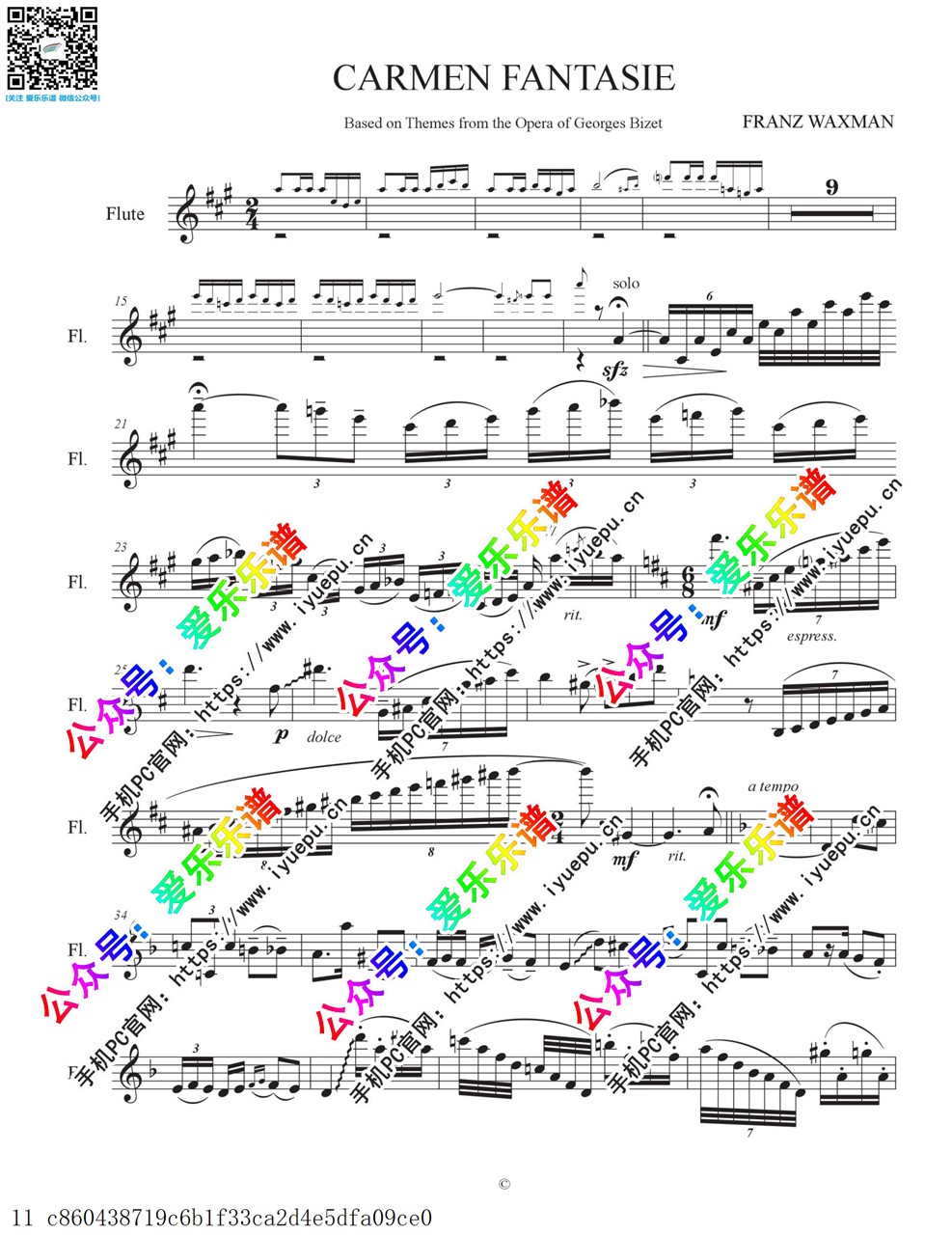 Franz Waxman瓦克斯曼 Carmen Fantasie 卡门幻想曲 长笛谱 乐谱曲谱总谱分谱伴奏音乐在线预览试听下载